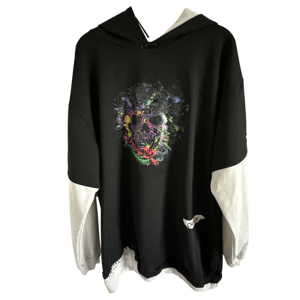Graffiti Skull Hoodie Sweatshirt Black & White Purple Chicvoy Graphic Cotton XL